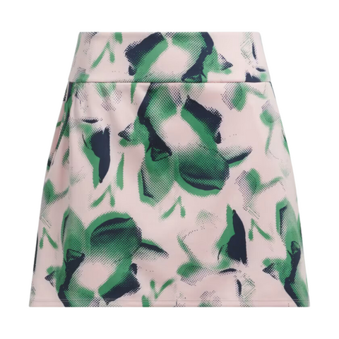 The Adidas Ultimate365 Womens Skort by Adidas features a pink design with green and navy abstract florals, a high waistband, and straight cut—blending style and comfort for your next round.