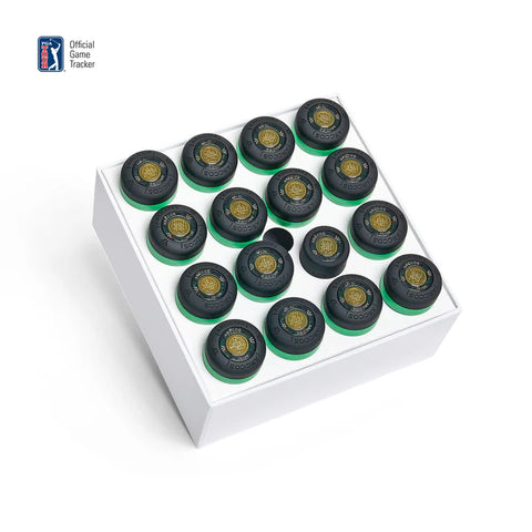 A white box displays sixteen green circular Arccos Smart Sensors Gen 4 by Arccos, each with gold center details in a 4x4 grid. The PGA Tour logo at the top left highlights advanced automatic shot tracking technology.