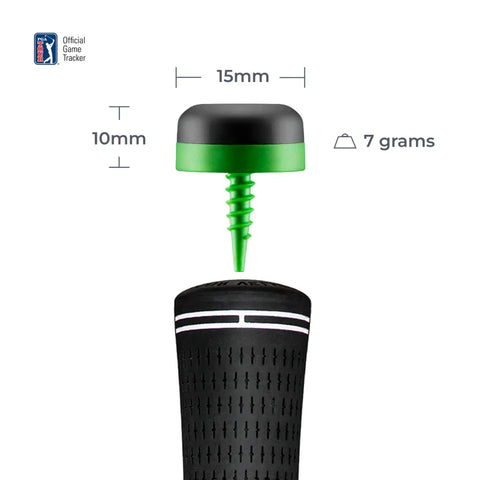 A black and green Arccos Smart Sensors Gen 4 Green by Arccos, measuring 15mm wide, 10mm tall, and weighing 7g, is displayed above a golf club grip with measurement labels and the PGA Tour logo in the top left corner.
