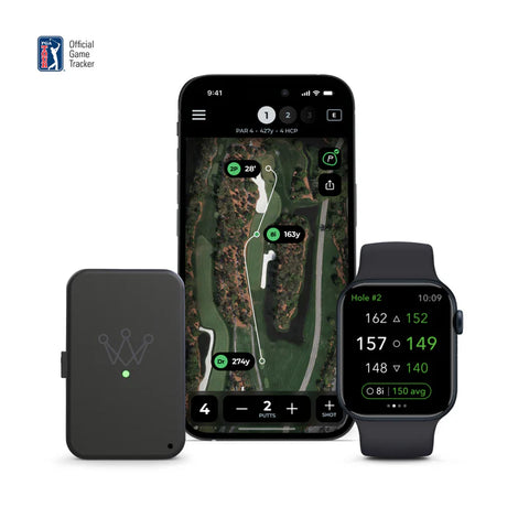 A smartphone shows a golf course map and stats, beside a black rectangular device and smartwatch with yardages. The Arccos Smart Sensors Gen 4 Green by Arccos feature AI-powered GPS rangefinder and automatic shot tracking. Official Game Tracker logo is at top left.