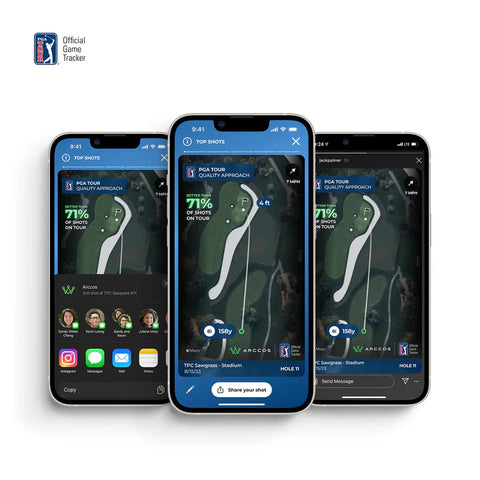 Three smartphones display a golf course map from the Arccos Smart Sensors Gen 4 Green by Arccos, featuring stats and shot trajectories for Hole 11 at TPC Sawgrass with automatic shot tracking, AI-powered GPS rangefinder, and sharing options.