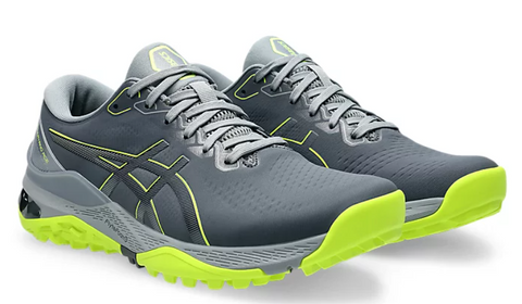Asics Gel Kayano Ace 2 Mens Golf Shoes in gray with neon yellow accents and soles, featuring lace-up closures and a textured, durable design.