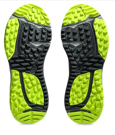 The Asics Gel Kayano Ace 2 Mens Golf Shoes feature rugged black soles with vivid yellow-green accents on the toes, heels, and mid-foot for improved grip and traction.