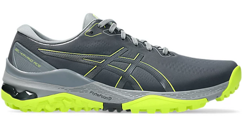 The Asics Gel Kayano Ace 2 Mens Golf Shoes feature a gray and neon yellow mesh upper, lace-up closure, cushioned heel, textured sole for traction, and a bold Asics logo on the side for comfort and style on the green.