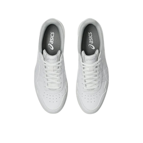 A pair of white Asics Japan S Mens Golf Shoes is shown from above, featuring white laces, perforated toe boxes, and dark gray insoles with the Asics logo. These spikeless sneakers are set against a plain white background.