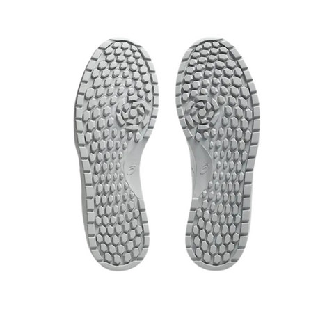 Two grey shoe soles with a hexagonal tread and circular logo in the center, shown side by side—these are Asics Japan S Mens Golf Shoes, perfect spikeless golf shoes from Asics for stylish players in New Zealand.