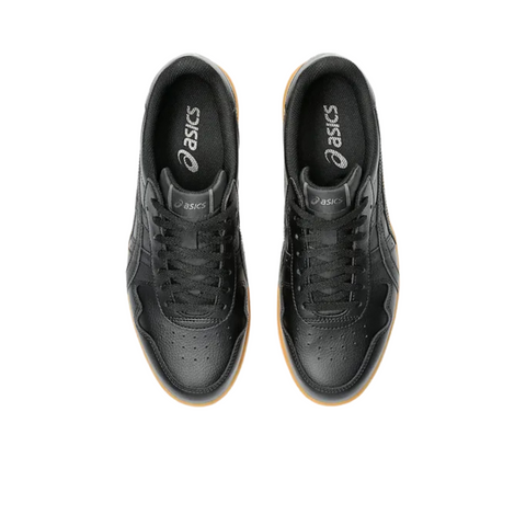 A pair of Asics Japan S Mens Golf Shoes in black, featuring black laces and gum soles, viewed from above on a white background—ideal spikeless shoes for golf lovers in New Zealand.