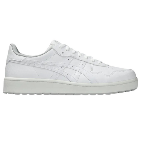 The Asics Japan S Mens Golf Shoes by Asics are white low-tops inspired by spikeless golf styles, featuring a textured sole, white laces, subtle side stitching, and a slightly raised heel for minimalist style and everyday versatility.