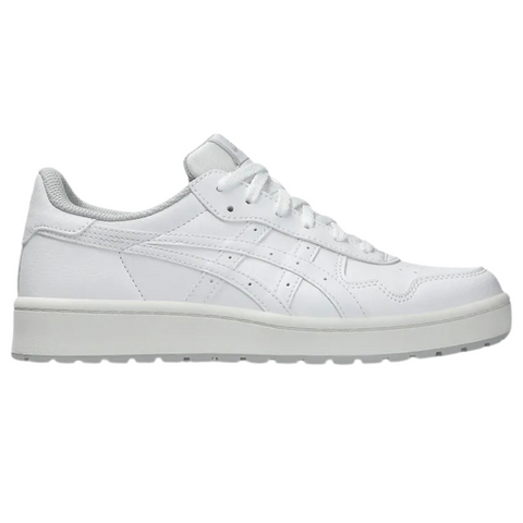The Asics Japan S Womens Golf Shoes are white low-top sneakers inspired by retro golf shoes, featuring a textured sole, lace-up closure, and subtle stitched side detail, shown against a plain white background.
