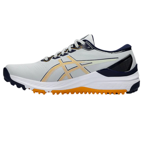 The Asics Men's Gel Kayano Ace 2 Wide Golf Shoes feature a light gray design with navy and yellow accents, a lace-up closure, textured sole for grip, wide fit, and the ASICS logo displayed on the side.