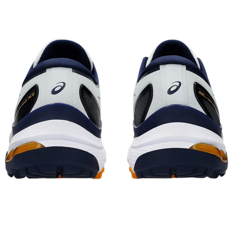 Rear view of Asics Men's Gel Kayano Ace 2 Wide Golf Shoes in white and navy blue with orange accents and black soles, highlighting the heel area, wide fit design, and Asics logo on each shoe.