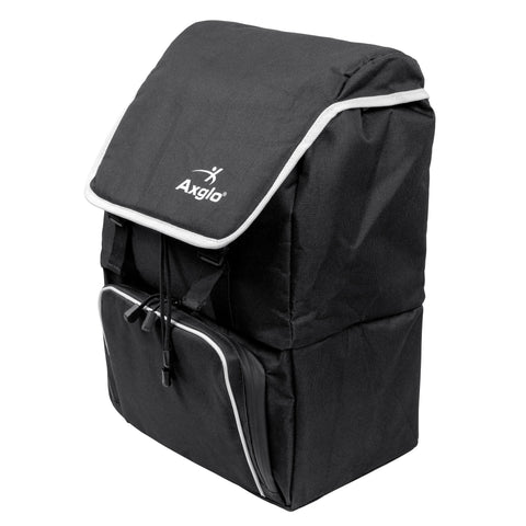 The Axglo Cooler Bag is a black insulated backpack with white trim, a zippered front pocket, and the Axglo brand name and logo on the front flap. It stands upright against a white background.