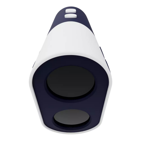 A close-up of the Blue Tees Series 1 Sport Rangefinder by Blue Tees, featuring dual lens openings and two white top buttons for slope-adjusted distance measurement, displayed against a plain white background.
