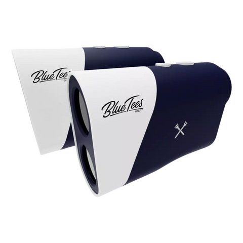 Two Blue Tees Series 1 Sport Rangefinders in navy blue and white, both featuring the Blue Tees logo and golf club icons, are displayed side by side on a white background—perfect for measuring slope-adjusted distances.