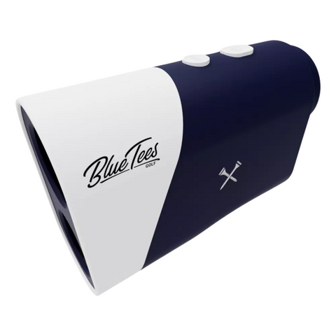 The Blue Tees Series 1 Sport Rangefinder by Blue Tees features a sleek navy blue and white design, two top buttons, the Blue Tees Golf logo on the side, and provides slope-adjusted distance for accurate golf performance.
