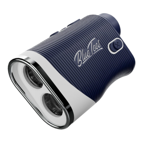 The Blue Tees Series 3 Max E Rangefinder by Blue Tees features blue and white design, dual front lens openings, a side button, distance measuring capability, and comes with a replaceable CR2 battery.