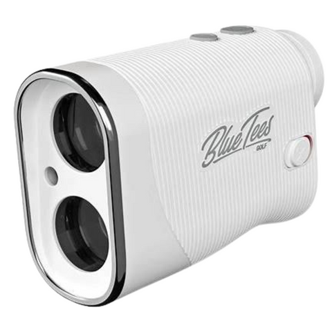 The Blue Tees Series 3 Rangefinder, in white and silver, features dual large lenses, top control buttons, and the Blue Tees logo on the side. It delivers precise measurements with a range of up to 900 yards.