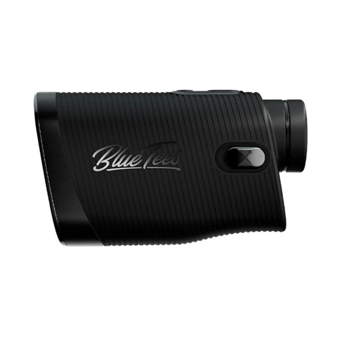 The Blue Tees Series 4 Ultra Rangefinder is a black, handheld device with ribbed sides, a top button, and Blue Tees in cursive on the side, offering golfers precision distance for accurate shots.
