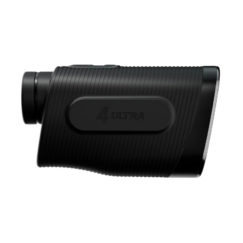 The Blue Tees Series 4 Ultra Rangefinder, a black, compact device with a textured grip and 4 ULTRA embossed on the side, provides precise distance measurement. Brand: Blue Tees. Shown on a white background.