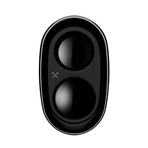 A black, oval-shaped wireless earbuds charging case with two compartments is shown open against a white background—showcasing the precision and style of the Blue Tees Series 4 Ultra Rangefinder by Blue Tees.