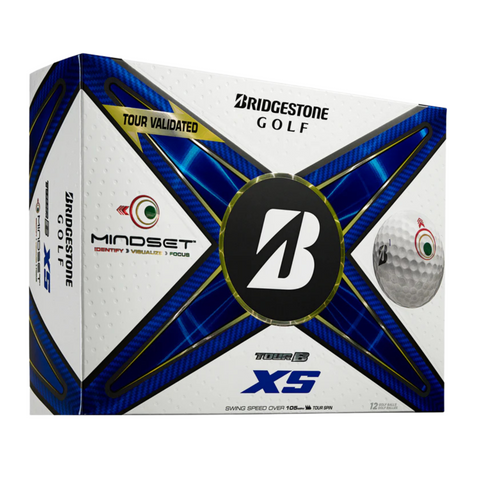 A box of Bridgestone Tour B XS MindSet Golf Balls features blue and gold accents, a bold B logo, golf ball images, and packaging that highlights Tour Validated performance with MindSet branding for tour-level spin.