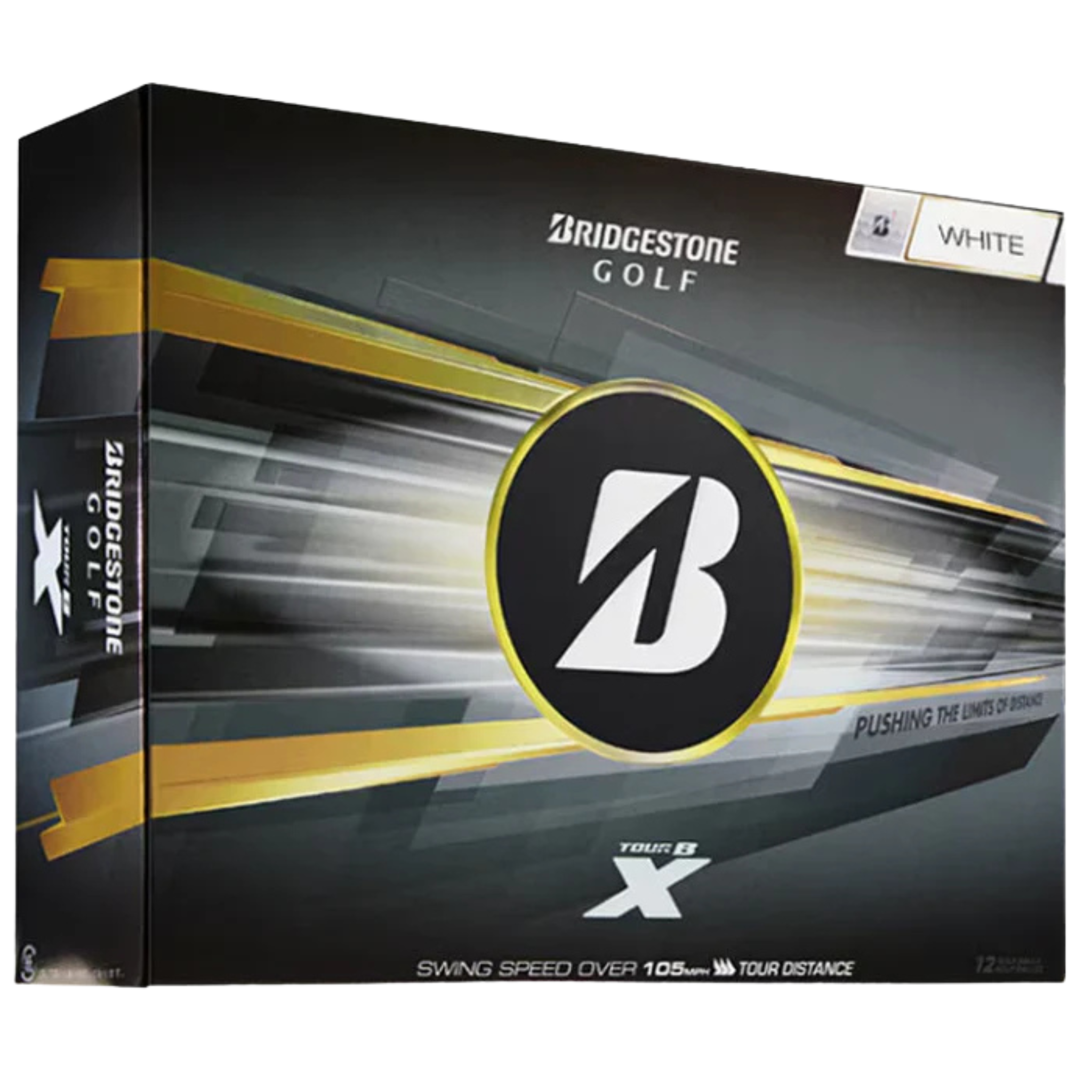 A sleeve of Bridgestone Tour B X golf balls resting on the tee box turf
