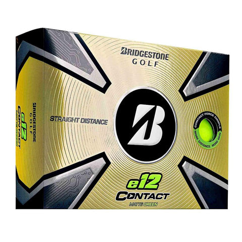 Box of Bridgestone E12 Contact Matte Coloured Golf Balls in green, showcasing the Bridgestone logo and Straight Distance text, with a green ball image on a gold and black background for a soft feel on every shot.