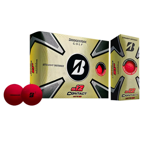 Two red Bridgestone E12 Contact Matte Coloured Golf Balls sit beside their black and gold packaging, featuring the Bridgestone logo and details, highlighting a soft feel on the course.