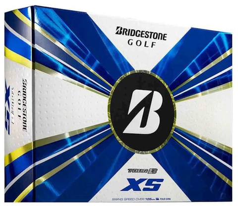 Bridgestone Tour B XS Golf Balls box features a bold blue, gold, and white design with the Bridgestone logo—these are the same balls played by Tiger Woods, with product details displayed on the front.