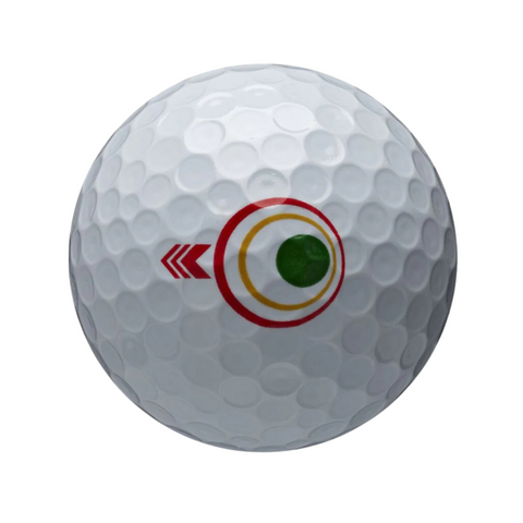 A white Bridgestone Tour B XS MindSet golf ball features a dimpled surface, tour-level spin, a red arrow, and concentric red, yellow, and green circles on one side.