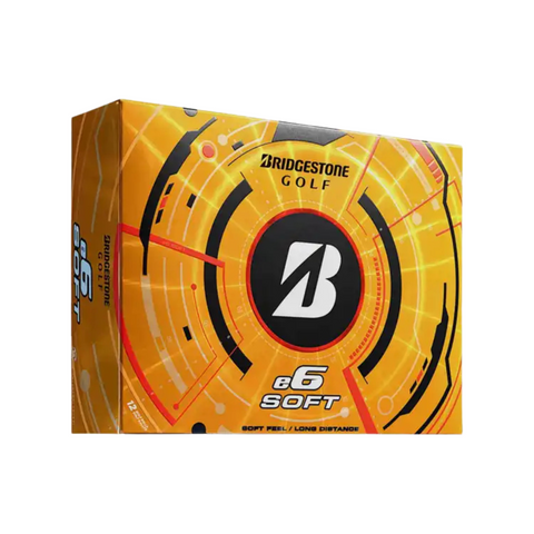 A yellow and orange box of Bridgestone e6 Soft Golf Balls, featuring the bold black Bridgestone logo and dynamic graphics—ideal for golfers seeking soft compression balls.