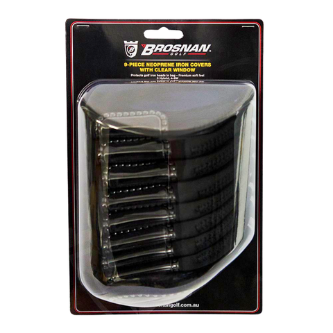 The Brosnan 9-Piece Neoprene Iron Covers | 3-SW set, by Brosnan, offers clear window covers for irons (3-SW), packaged in plastic and cardboard, designed to protect your golf clubs during transport and play.