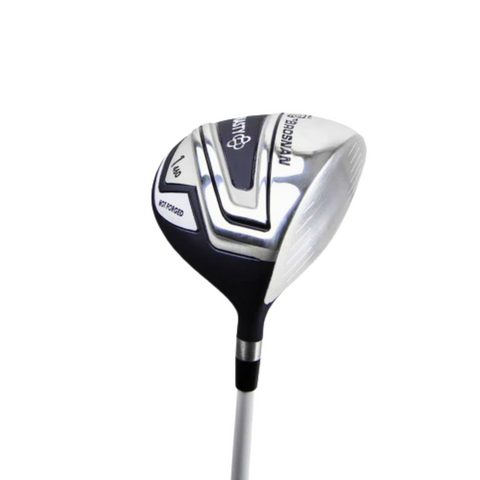 The Brosnan Dynasty Womens Package Golf Set by Brosnan features a silver and black driver with a reflective clubhead and visible branding, showcased on a white background—perfect for beginners seeking forgiving golf clubs.