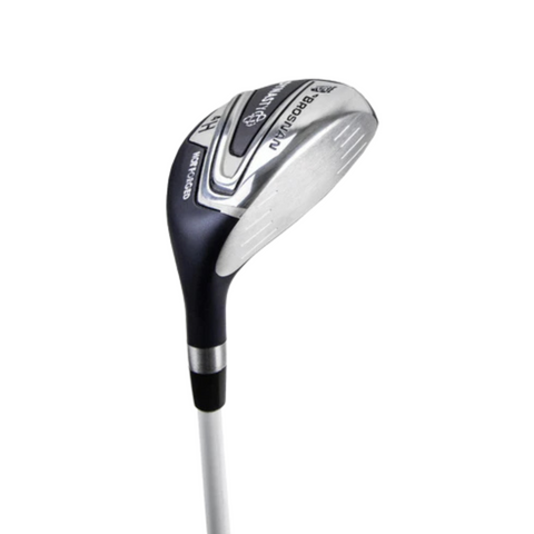 The Brosnan Dynasty Womens Package Golf Set by Brosnan features a silver and black hybrid club with a metallic head and white shaft, designed for forgiveness, displayed on a plain white background.