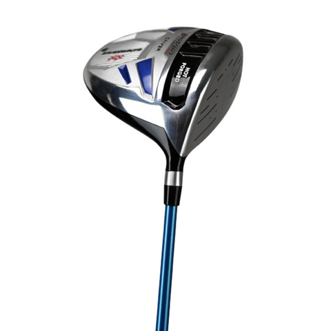 The Brosnan Eureka Series 8 Package Set by Brosnan features a modern golf driver with a shiny silver clubhead, blue accents, black details, and a metallic blue shaft, shown on a white background—ideal for beginner golfers.