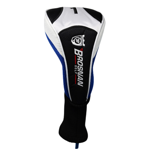 Protect your Brosnan Eureka Series 8 Package Set with this black, white, and blue Brosnan headcover featuring a number 1 and logo—ideal for beginner or entry-level clubs.