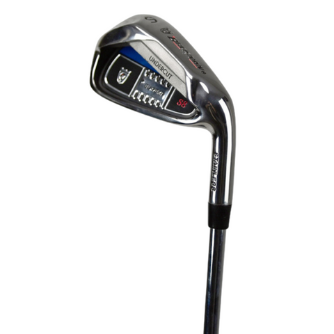 A close-up of a Brosnan Eureka Series 8 golf iron from the entry-level Brosnan set, with Undercut and S2 on the club head, featuring black, silver, and blue detailing on the back and a black grip.