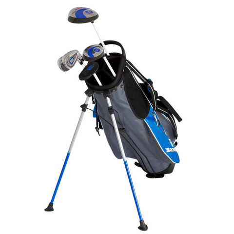 The Brosnan Little Mate S7 Junior Golf Package Set (Blue, Tall) by Brosnan is a blue and gray stand bag with shoulder straps, pockets, a blue head cover, and several junior clubs with blue, silver, and white heads—perfect for young golfers.