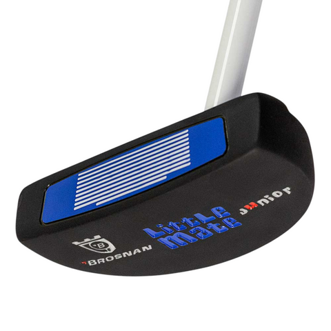 A close-up of the Brosnan Little Mate S7 Junior Golf Package Set (Blue, Tall) shows a black putter head with a blue and white face insert. LITTLE MATE and JUNIOR appear in blue and red—ideal for kids’ golf sets or junior collections.