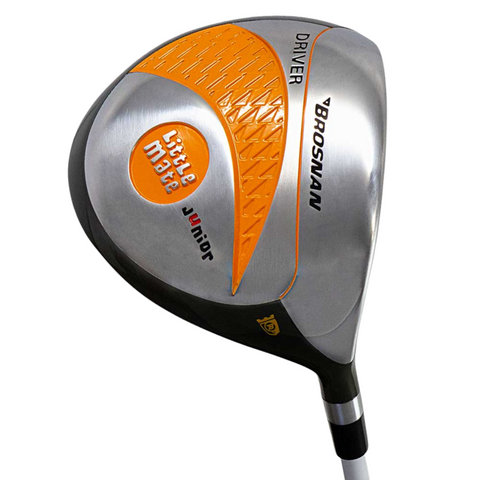 Close-up of the Brosnan Little Mate S7 Junior Golf Package Set (Orange, Joey) driver head, featuring silver and orange accents and a black shaft—perfect for junior golfers or as part of a kids golf set.