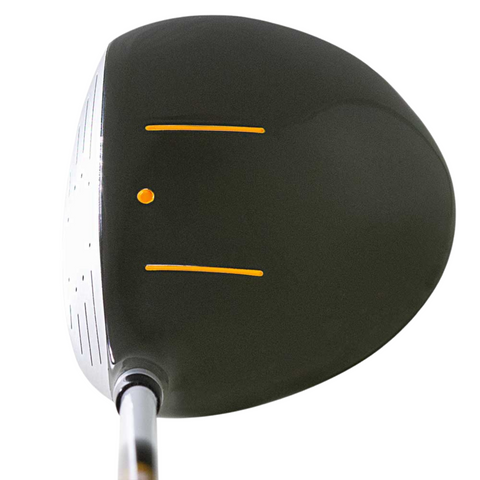 Close-up of the Brosnan Little Mate S7 Junior Golf Package Set | Orange (Joey) driver club head, perfect for kids first clubs, with a black surface, yellow alignment lines, and a yellow dot near the striking face. Brand: Brosnan.