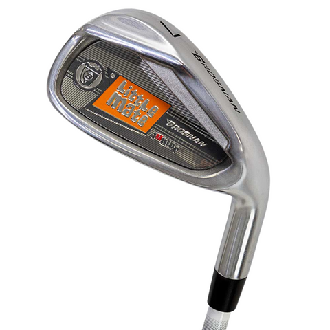 A close-up of the Brosnan Little Mate S7 Junior Golf Package Set (Orange Joey) golf iron, featuring sleek silver design with black and orange accents and Brosnan branding on the club head.