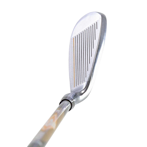 A close-up of the grooved face and shaft of a silver iron from the Brosnan Little Mate S7 Junior Golf Package Set | Orange (Joey) by Brosnan, isolated on a white background.