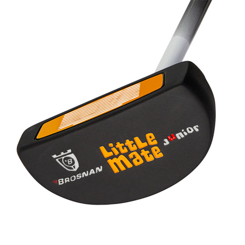 Close-up of the Brosnan Little Mate S7 Junior Golf Package Set putter in orange (Joey), featuring bold orange and white lettering, a textured orange face insert, and designed for kids by Brosnan.