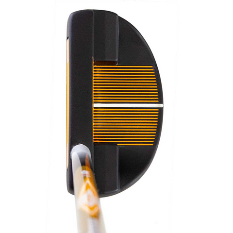 A close-up, top-down view of the Brosnan Little Mate S7 Junior Golf Putter in orange (Joey) shows horizontal grooves and a prominent alignment line, ideal for junior golfers.