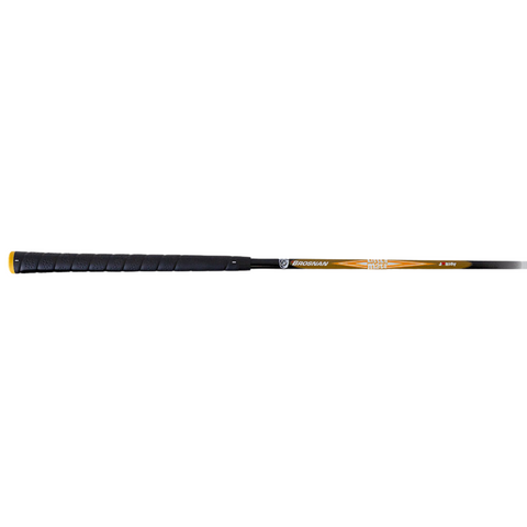 A close-up of a Brosnan Little Mate S7 Junior Golf Package Set (Orange - Joey) handle and shaft, featuring black grip and yellow/black accents with text—ideal for beginners, similar to first golf clubs. Club head not visible.