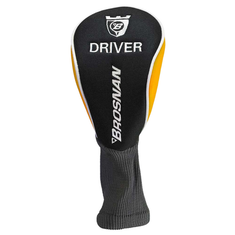 A black and yellow Brosnan DRIVER headcover with a shield logo, ideal for protecting clubs in the Brosnan Little Mate S7 Junior Golf Package Set | Orange (Joey) and perfect for kids’ first golf clubs.