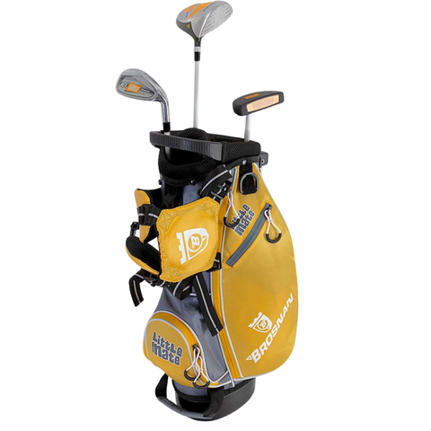 An orange Brosnan Little Mate S7 Junior Golf Package Set (Joey), featuring the Brosnan brand, includes three junior golf clubs and a small matching pouch attached to the side.