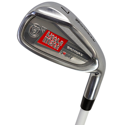 A close-up of a silver Brosnan golf iron from the Brosnan Little Mate S7 Junior Golf Package Set | Red, showing a red and white Little Mate label on the clubhead, textured detailing, and a black accent on the shaft.