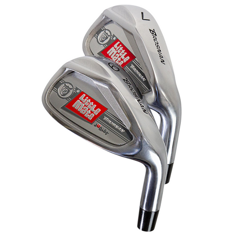 Two Brosnan Little Mate S7 Junior Golf irons from the Brosnan Little Mate S7 Junior Golf Package Set | Red, featuring red and white branding on the club faces, are overlapped on a white background—ideal for young golfers.